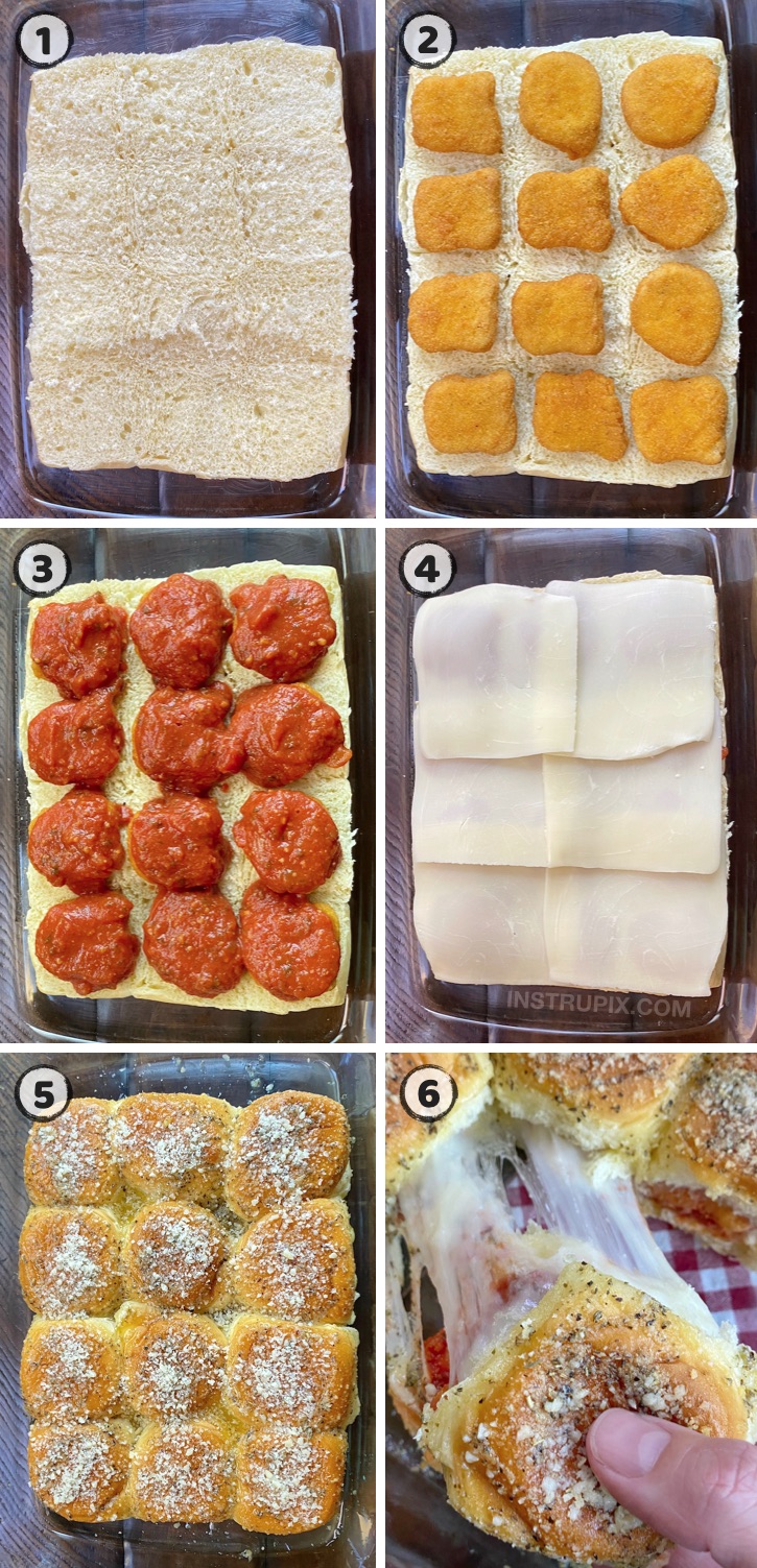 Looking for easy dinner recipes for your picky eaters? These chicken parmesan sliders are always a hit! Made with just a few cheap and simple ingredients including Hawaiian rolls and frozen chicken nuggets. The best family meal for busy weeknights. Great for a weekend lunch, too!