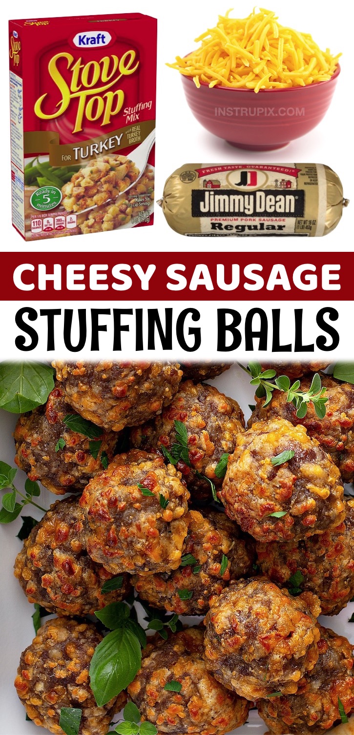 3 Ingredient Cheesy Sausage Stuffing Balls - A super quick and easy make ahead holiday appetizer! This simple recipe feeds a crowd and is the perfect finger food served with toothpicks or mini skewers. These amazing sausage balls are made without biscuick or cream cheese. The boxed stuffing makes all of the difference. There is so much flavor packed into these little balls of heaven. Your entire family and all of your friends will be asking you for the recipe. Great for Thanksgiving and Christmas gatherings! Fun little snack idea, too.