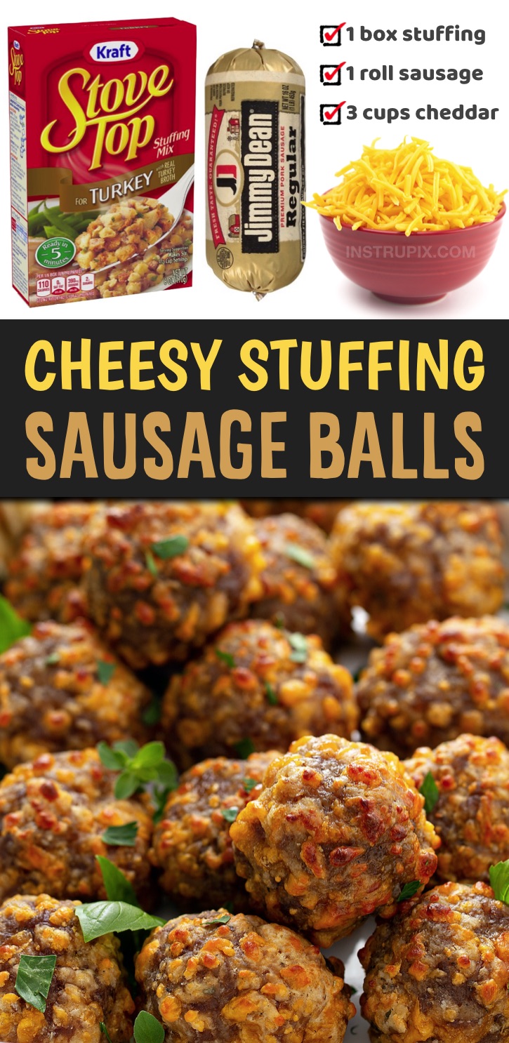 These amazing sausage balls are made with just 3 ingredients! No Bisquick or cream cheese. You can also make them ahead of time and keep them in the fridge until you’re ready to bake and serve them. They are perfect for parties and family gatherings during the holidays. They’re basically like cheesy stuffing wrapped up into finger food. Serve them with toothpicks or mini skewers to make them easy to just grab and eat. Perfect for Thanksgiving or Christmas parties and family gatherings.