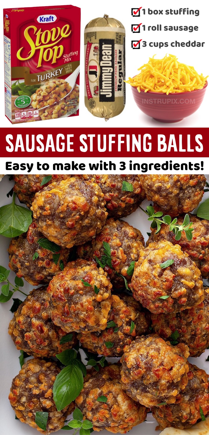 A quick and easy appetizer snack for the holidays! Perfect for Thanksgiving or Christmas family gatherings and parties. These amazing sausage balls are made with just 3 ingredients! No Bisquick or cream cheese. You can also make them ahead of time and keep them in the fridge until you’re ready to bake and serve them. They’re basically like cheesy stuffing wrapped up into finger food. Serve them with toothpicks or mini skewers as an appetizer to make them easy to grab and eat for your guests.