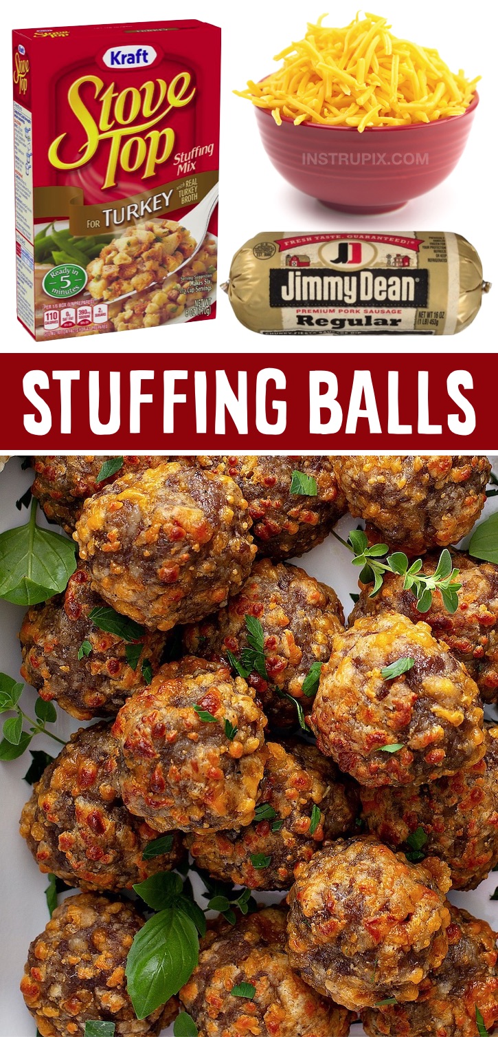 A super quick and easy appetizer snack for the holidays made with just 3 ingredients: boxed stuffing, Jimmy Dean sausage and cheddar cheese. Serve with toothpicks or mini skewers! These amazing sausage balls are a real crowd pleaser! They are perfect for family gatherings for Thanksgiving or Christmas. A super yummy snack and finger food recipe that everyone will love, including the kids. Plus you can make them ahead, refrigerate, and then pop them in the oven when you're ready to serve.