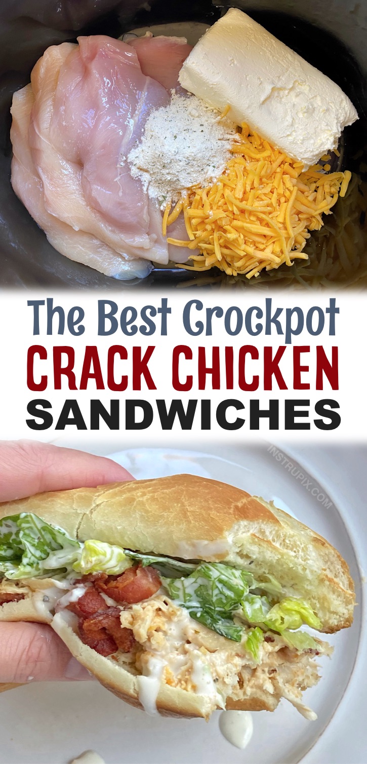 Easy Crockpot Shredded Crack Chicken Sandwiches (The best slow cooker meal!) Your family is going to love these insanely yummy chicken sandwiches. They are so simple to make in your crockpot for busy weeknight dinners or even lunch on the weekend. Even your kids and picky eaters will devour them. Some serious comfort food! Serve with crispy bacon and crunchy lettuce.