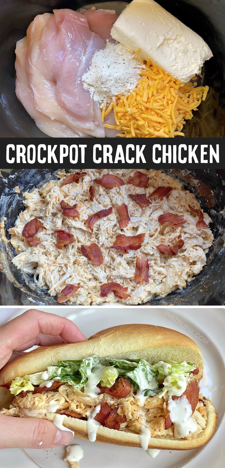 Easy Crockpot Crack Chicken Sandwiches (The best slow cooker dinner recipe!) Your entire family including your picky kids are going to love these super yummy shredded chicken sandwiches. So simple to make in your crockpot for busy weeknight dinners or even lunch on the weekend. Comfort food at its best! Serve with crispy bacon and crunchy lettuce. Great for guests and small gatherings, too.