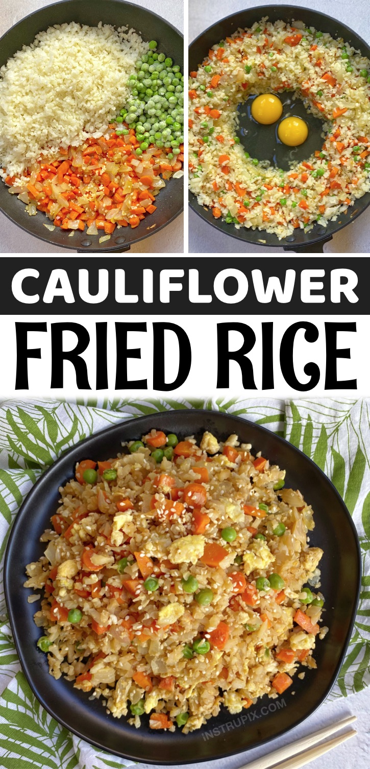 Looking for easy and healthy keto dinner recipes? This cauliflower fried rice is better than take out! It's also super quick and easy to make in just one pan. The perfect keto friendly dinner recipe for busy weeknight meals. It's made with simple ingredients including frozen cauliflower rice. 