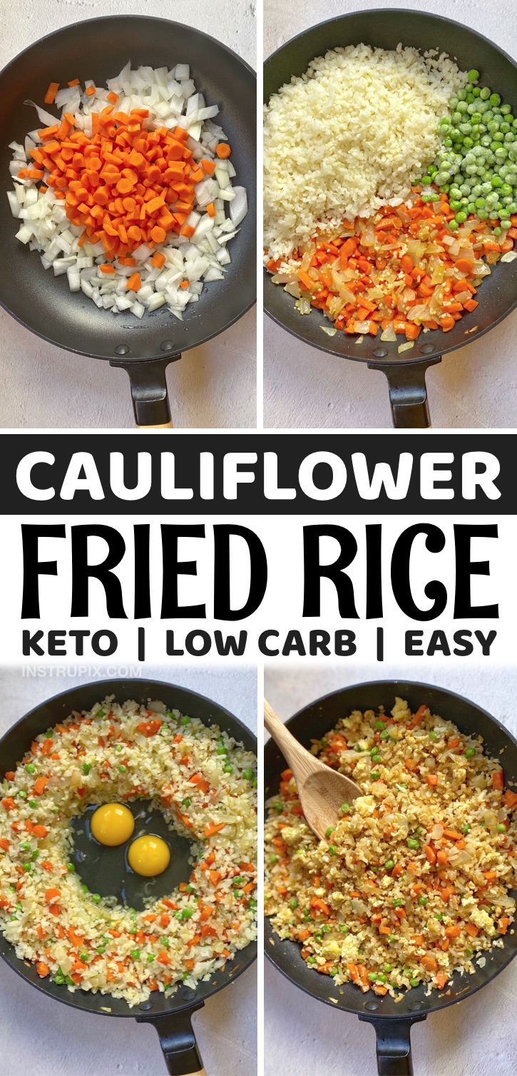 Looking for easy and healthy low carb dinner recipes? This keto cauliflower fried rice is simply amazing! It's so quick and easy to make in just one pan with frozen cauliflower rice. Great for busy weeknight meals! Serve alone or as a side dish with chicken, steak or shrimp. 