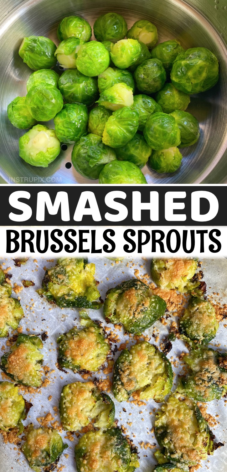 Looking for easy and healthy vegetable side dish recipes? Check out these Smashed Crispy Brussels Sprouts (made with garlic and parmesan cheese!). The BEST quick and easy roasted veggie side dish for dinner. Goes well with chicken, steak, fish, bbq and more! This simple recipe is vegetarian, healthy, keto and low carb! A family favorite side dish. Even my picky kids love them. 