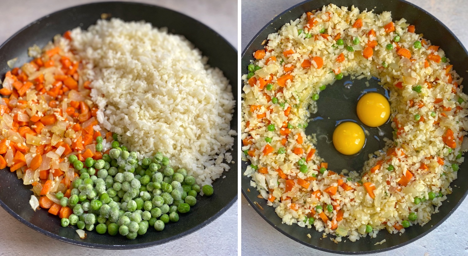 The best low carb clean eating dinner recipe! Cauliflower fried rice makes for a wonderful healthy and vegetarian main dish, or you can serve it with some protein like chicken or shrimp. Super quick and easy to make in just one pan!