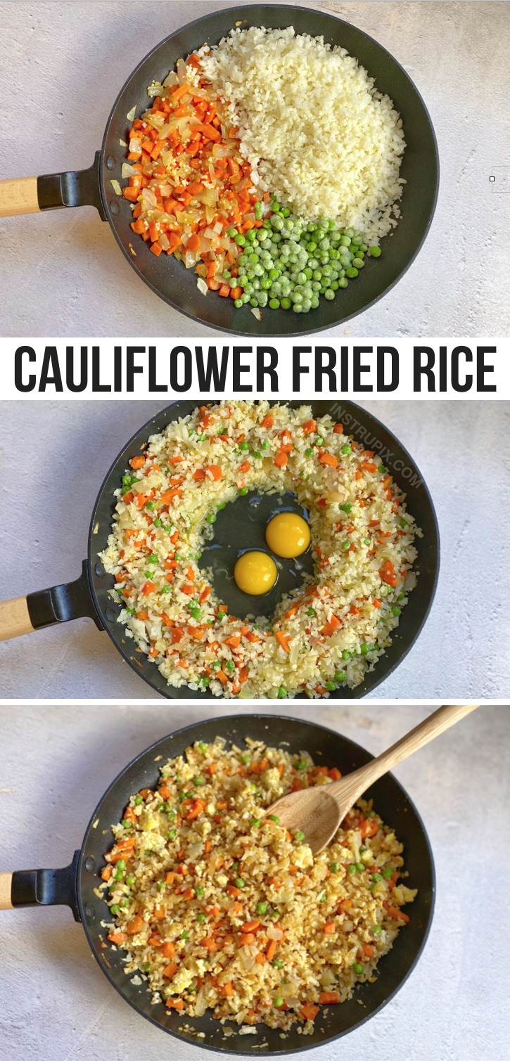 Low Carb Cauliflower Fried Rice (A quick and easy keto dinner recipe!) If you're looking for simple keto dinner ideas, this one pan meal is absolutely delicious. It's also healthy and vegetarian! A great clean eating recipe for busy weeknight meals. Great for weight loss! 