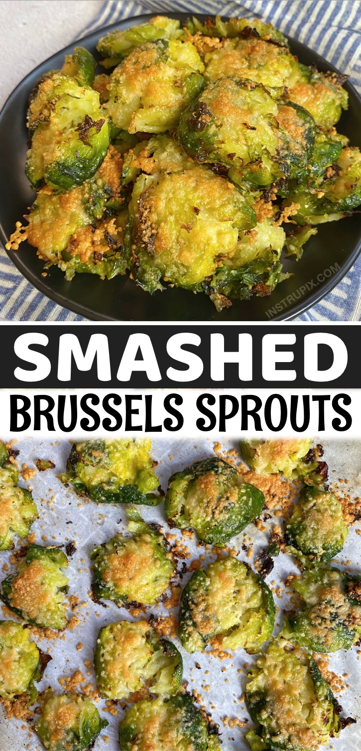 These Smashed Roasted Brussels Sprouts are amazing! Oven baked with garlic and parmesan cheese. So yummy! If you are looking for easy low carb dinner side dish recipes, this is the BEST simple keto friendly and healthy side dish. Pairs well with chicken, fish and steak. Super quick and easy to make on busy weeknights with either frozen or fresh brussels sprouts.
