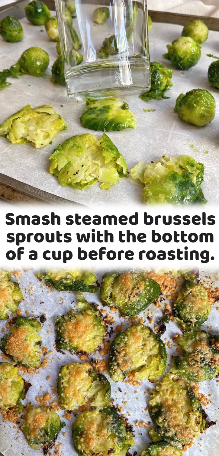 How to make brussels sprouts crispy in the oven by smashing them! This little food hack is my favorite way to make roasted brussels sprouts. When you smash them you basically eliminate the mushy middle and get more of the crispy golden brown outside. Here is an easy oven roasted brussels sprouts recipe using simple ingredients including olive oil, garlic and parmesan cheese. A great healthy and low carb side dish for dinner! You can use fresh or frozen brussels sprouts for this recipe.