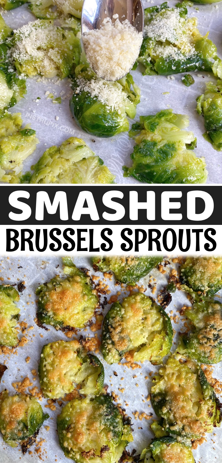 Looking for easy low carb vegetable side dish recipes? These Smashed Brussels Sprouts are amazing! Roasted with with garlic and parmesan cheese! The BEST simple low carb and keto friendly side dish. Pairs well with chicken, fish and steak. This quick and easy veggie recipe is vegetarian, healthy, ketogenic and delicious! A family favorite clean eating recipe for busy weeknight meals.