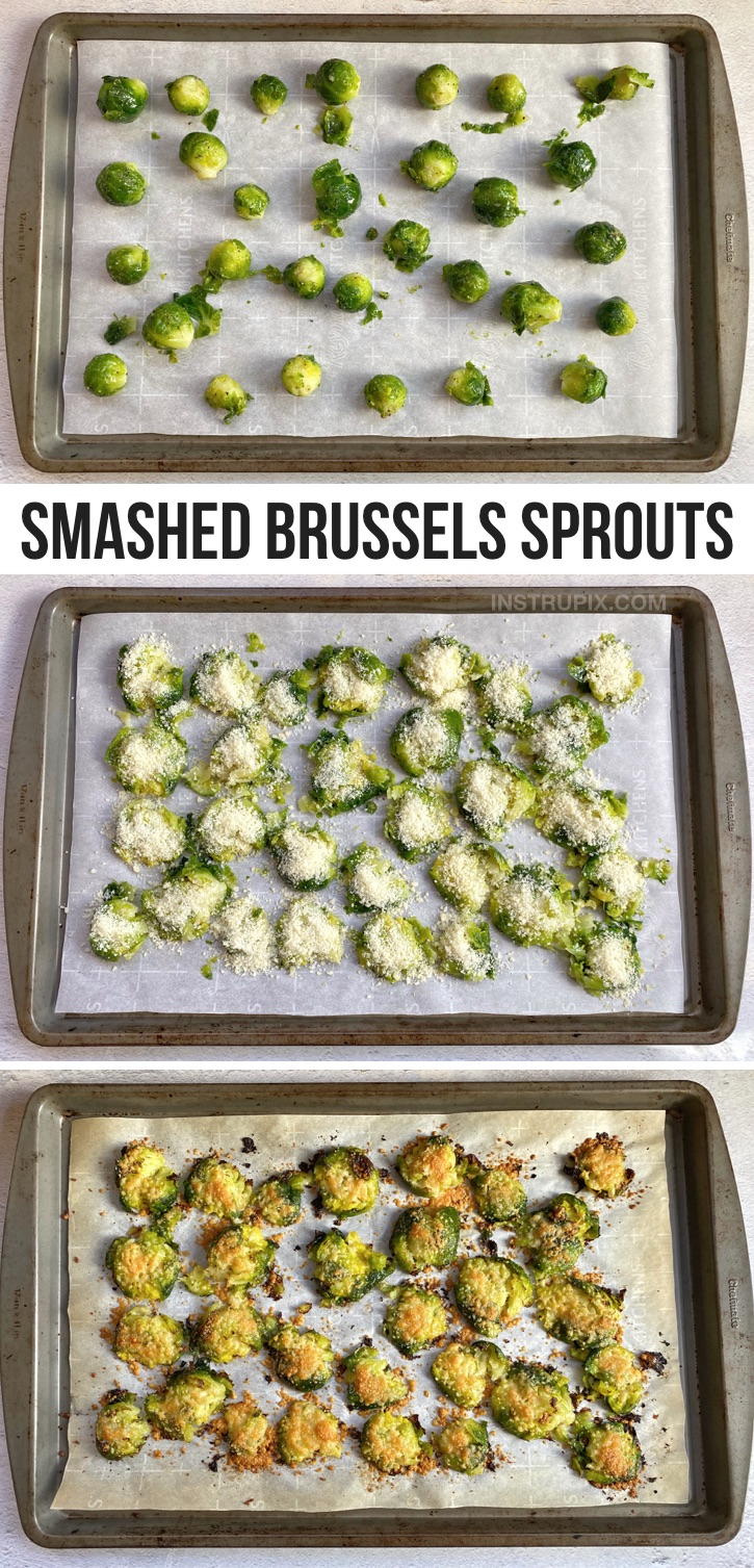 Looking for easy veggie side dish recipes? Smashed & Roasted Crispy Brussels Sprouts (made with garlic and parmesan cheese!). The BEST quick and easy veggie side dish for dinner. Great with chicken, steak, fish, bbq and more! This recipe is healthy, keto and low carb! A family favorite side dish. Even my picky eaters love them. 