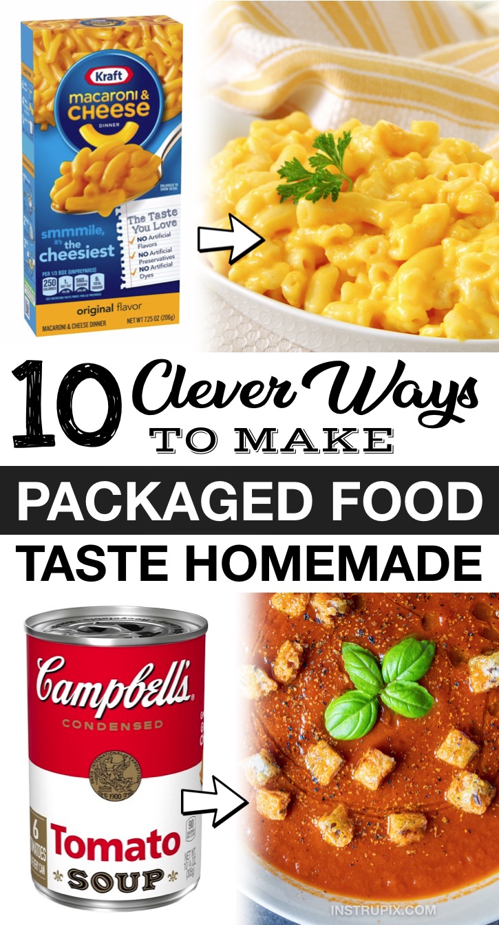 Food Hacks: Packaged food may not always be the best, but we can all admit that it’s incredibly convenient. Even the savviest of cooks sometimes use canned and boxed items to cut down on the time and hassle cooking and baking entails. I almost always add spices, herbs and veggies to boxed dinner items like Hamburger Helper or Kraft Macaroni & Cheese. Here are some ways to improve these convenience foods to the point where they taste homemade! Great for quick, easy and cheap recipes.