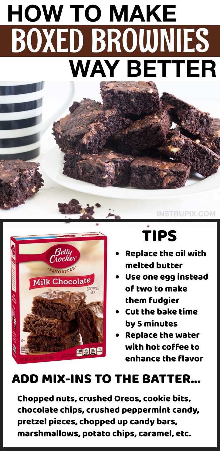Food Hacks: How to make boxed brownies better! Use these simple tips and tricks to make the best fudgy and chewy brownies, ever. A lot of food hacks here.