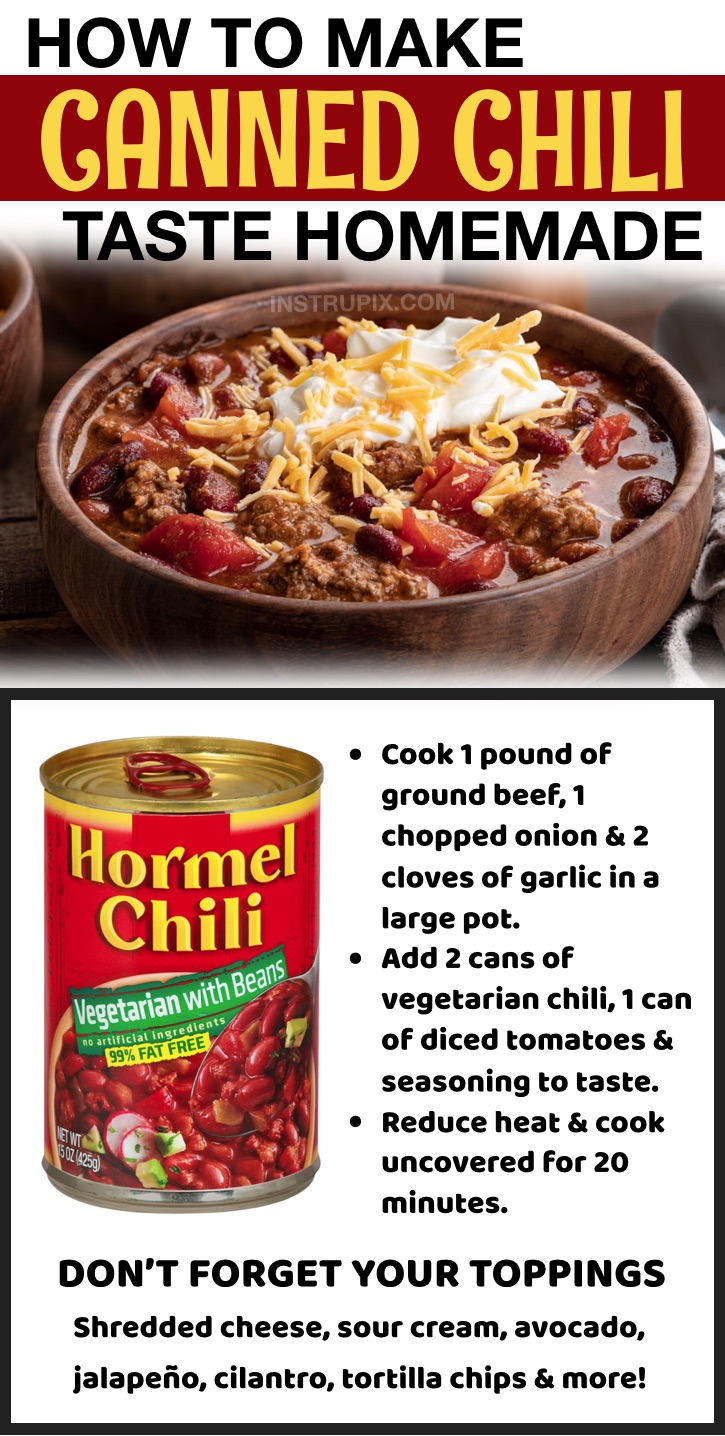 How to make a can of chili taste homemade! These little tips and tricks will make it so much better. Great for busy weeknight meals. 