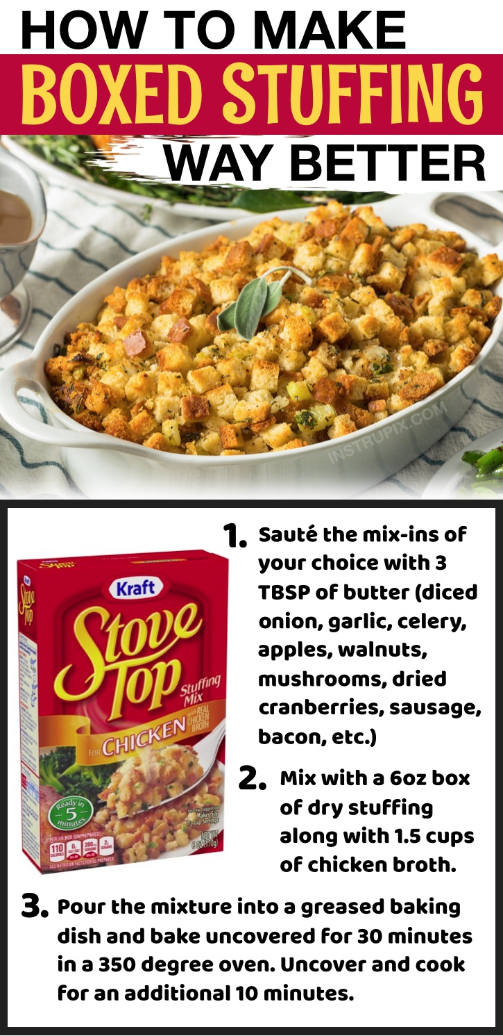 How to make Stovetop stuffing taste WAY better! Lots of food hacks here. Great ideas for canned and boxed food to make them taste homemade.