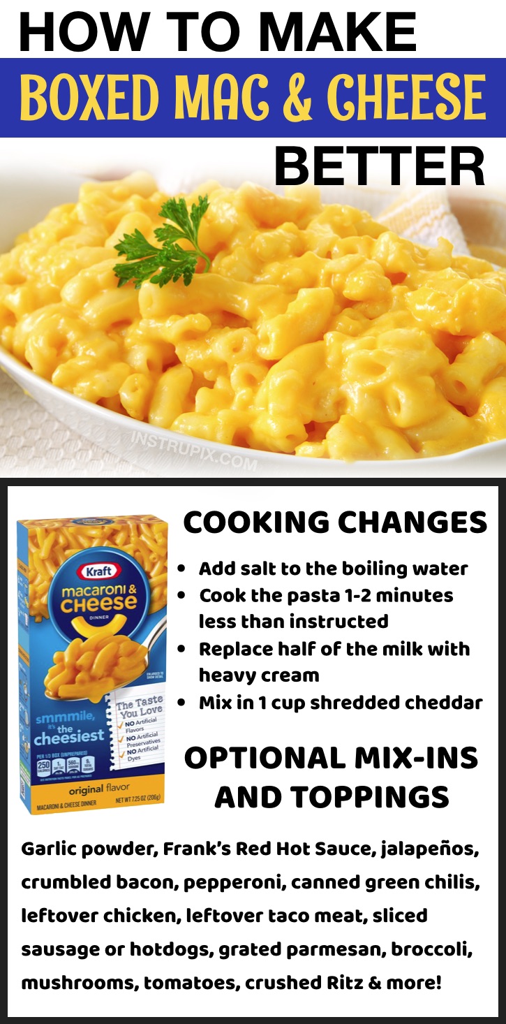 How to make Kraft and Velveeta boxed macaroni and cheese taste homemade and fancy! Use these simple food hacks to make canned and packaged food taste some much better.