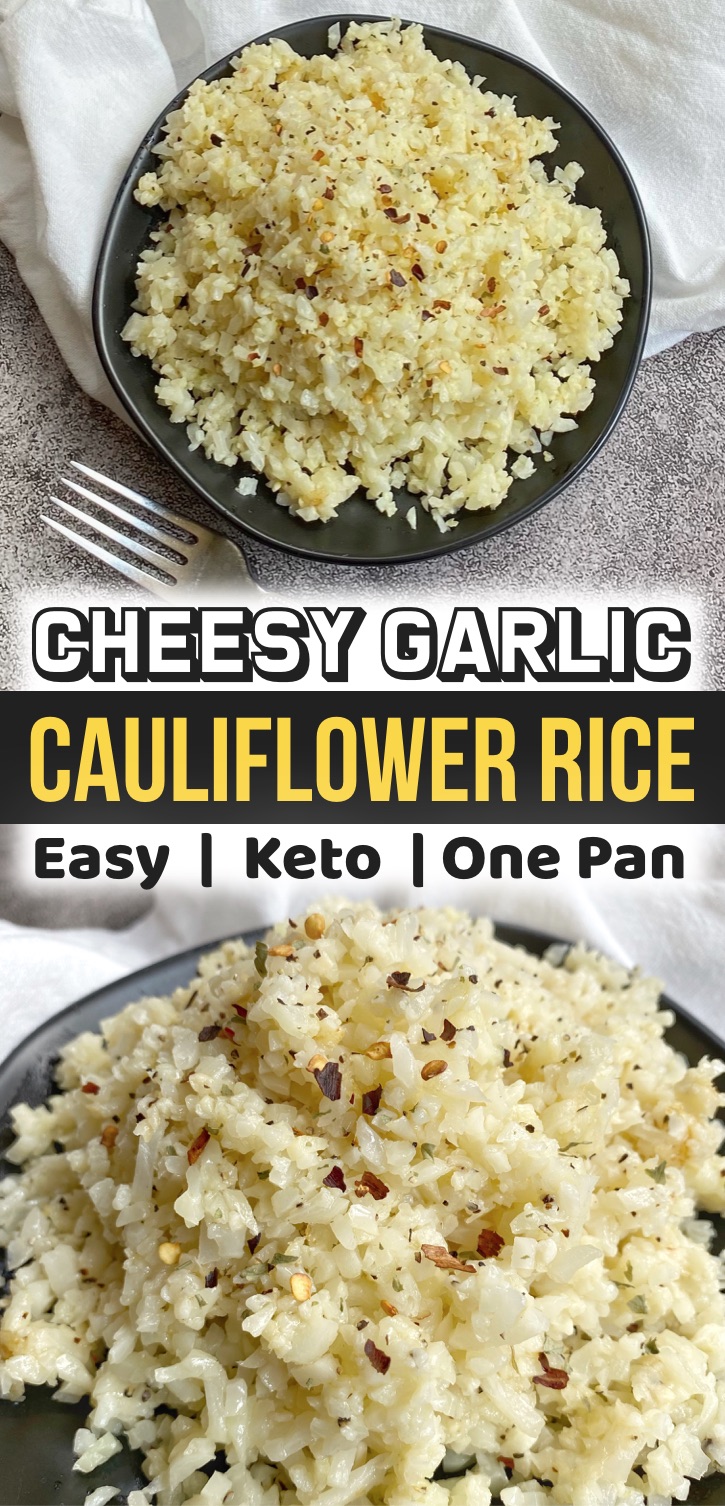 Add this quick and easy cauliflower rice to your keto meal plan! It's the best low carb and healthy vegetable side dish that pairs well with just about any meal including chicken, bbq, steak, seafood and more. It's made with just a few cheap ingredients including frozen cauliflower rice, butter, garlic and parmesan cheese. And it's made in just one pan! A great last minute keto recipe for dinner. A simple and yummy recipe for beginners on a keto diet or anyone wanting weight loss. 