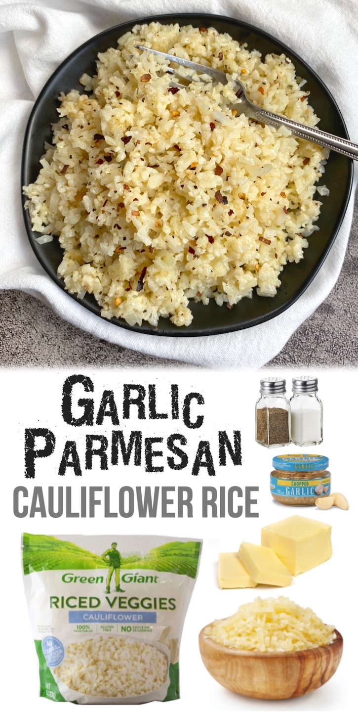 If you're looking for easy vegetable side dish recipes for dinner, this garlic cheesy cauliflower rice is perfect for just about any meal! Chicken, steeak, or bbq. It's also really quick and easy to make in just one pan with frozen cauliflower rice. Simply sauté cauliflower rice with butter, minced garlic, and parmesan cheese for the best keto friendly side dish. 