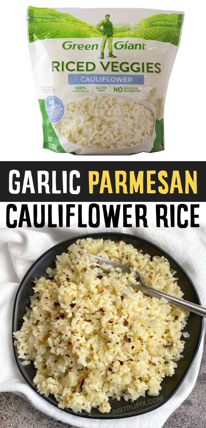 If you’re looking for simple and healthy low carb side dish recipes for dinner, this cauliflower rice is insanely delicious. Not only is this yummy keto side dish one of my favorite recipes, it’s also really quick and easy to make thanks to frozen cauliflower rice. You’re simply going to microwave it according to the package instructions, and then sauté the cooked cauliflower rice for a few minutes with butter, minced garlic and parmesan. It takes less than 10 minutes! Family approved!