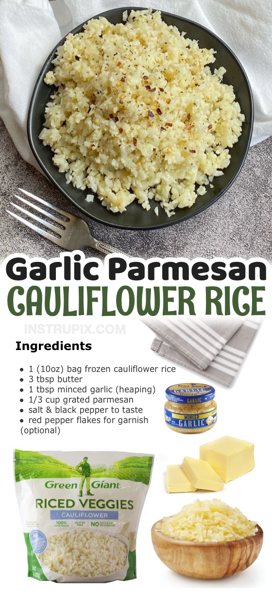 Garlic Parmesan Cauliflower Rice | The best quick and easy keto side dish! This delicious low carb cauliflower recipe is so simple to make thanks to frozen cauliflower rice. It only takes about 5 minutes to make on your stovetop in a single pan, and is amazing with just about any meal including chicken, steak, seafood, bbq, and more! If you're looking for healthy side dish recipes for dinner, it doesn't get any easier than this! It's perfect for last minute meals since the caulilfower stays fresh in your freezer for months. 