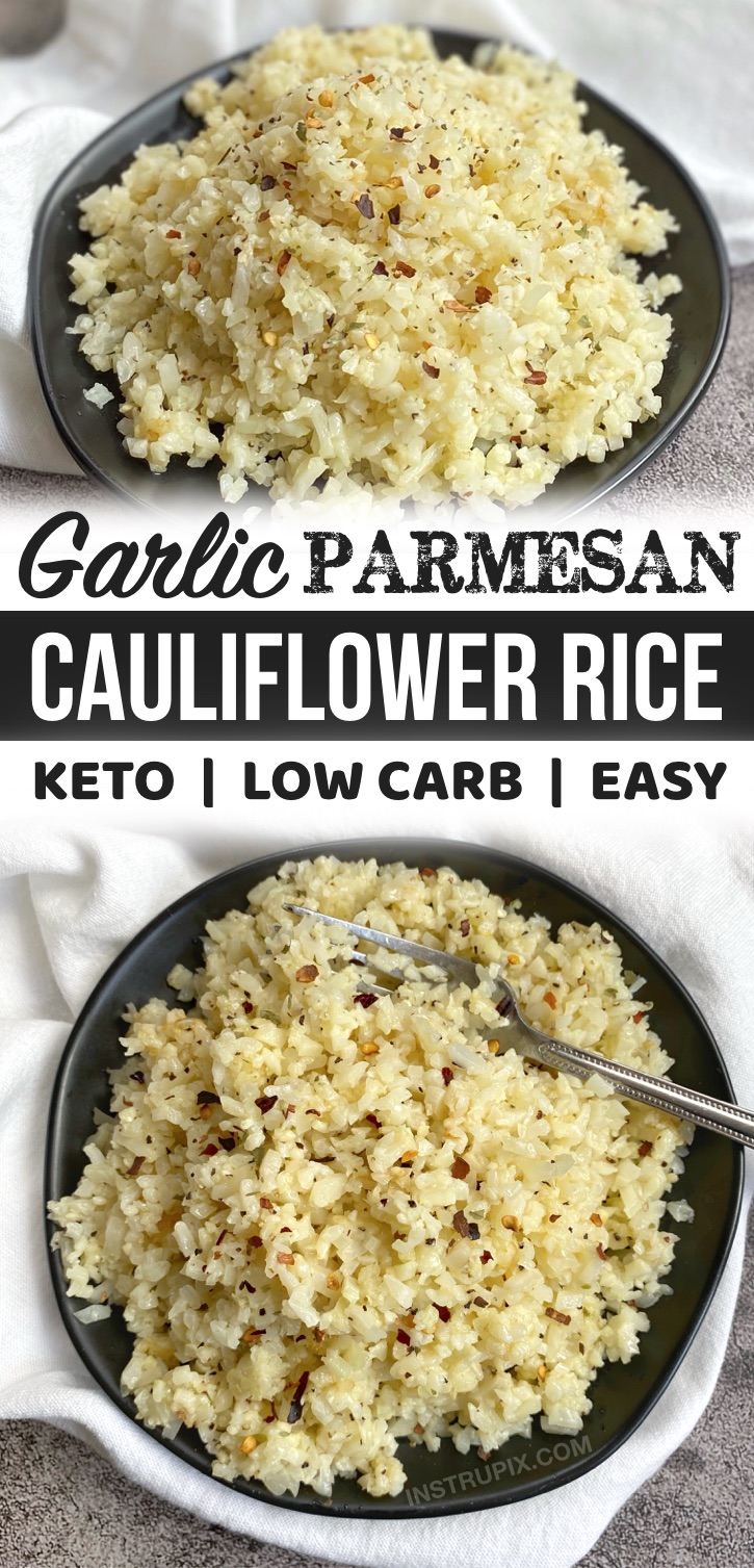 Looking for easy low carb side dish recipes for dinner? This healthy and keto friendly cauliflower rice is so quick and easy to make thanks to frozen cauliflower rice! Such a simple side dish for bbq, chicken or steak. This makes busy weeknight dinners a breeze. So yummy! 