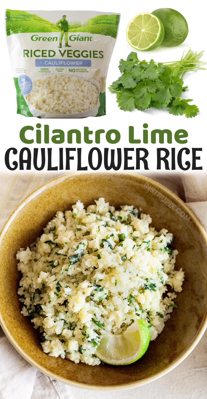 Looking for easy and healthy low carb side dish recipes for dinner? This cilantro lime cauliflower rice is so simple to make with frozen cauliflower rice! It pairs well with any Mexican inspired meal, plus it's healthy, keto friendly, vegetarian and packed full of fiber. Tastes just like Chipotle! Perfect for last minute dinners and weeknight meals.