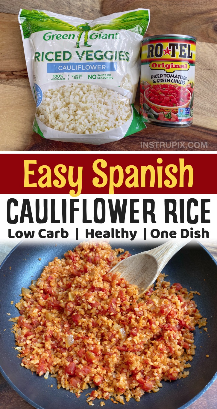 Oh my goodness, if you are looking for easy low carb side dishes to make for dinner, this spanish cauliflower rice is so simple to make with just a few ingredients including frozen cauliflower rice and a can of Rotel. It's pairs really well with any Mexican inspired meal or a simple protein like chicken or steak. So quick and easy to make in just ONE PAN! A great last minute side dish for busy weeknight meals. It's healthy, keto friendly and super tasty. Packed full of fiber, too!