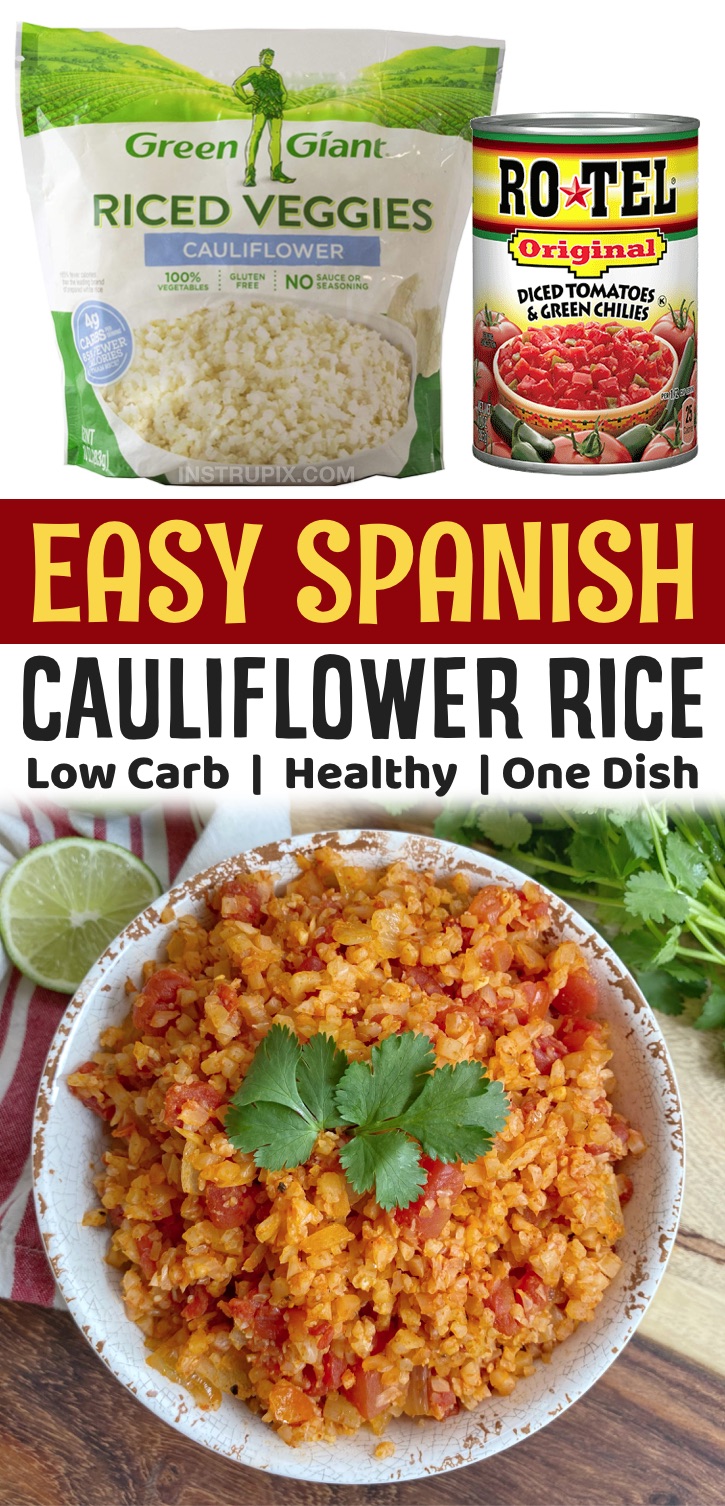 Easy Low Carb & Healthy Side Dish Recipes -- This simple spanish cauliflower rice recipe is so quick and easy to make with frozen cauliflower rice in just one pan! It's healthy, keto friendly, low carb and vegetarian. It pairs well with any Mexican inspired meal. So yummy and full of fiber! My family loves these vegetables. 