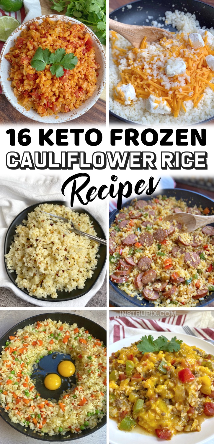 Frozen cauliflower is a staple in my house! It makes for the quickest and easiest meals and side dishes. I almost always have it stocked in my freezer for last minute dinners. It compliments just about any keto meal including chicken, steak, bbq, salmon, shrimp and more. If you're looking for simple cauliflower rice recipes for dinner, check out this list of low carb, healthy and yummy recipes! They are all really fast to make with just a few cheap ingredients. Great for a ketogenic diet!