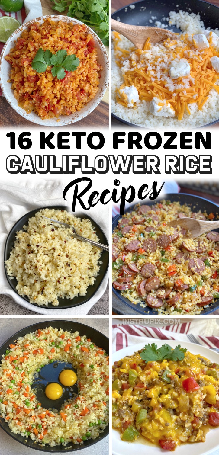 Frozen cauliflower is a staple in my house! It makes for the quickest and easiest meals and side dishes. I almost always have it stocked in my freezer for last minute dinners. It compliments just about any keto meal including chicken, steak, bbq, salmon, shrimp and more. If you're looking for simple cauliflower rice recipes for dinner, check out this list of low carb, healthy and yummy recipes! They are all really fast to make with just a few cheap ingredients. Great for a ketogenic diet!