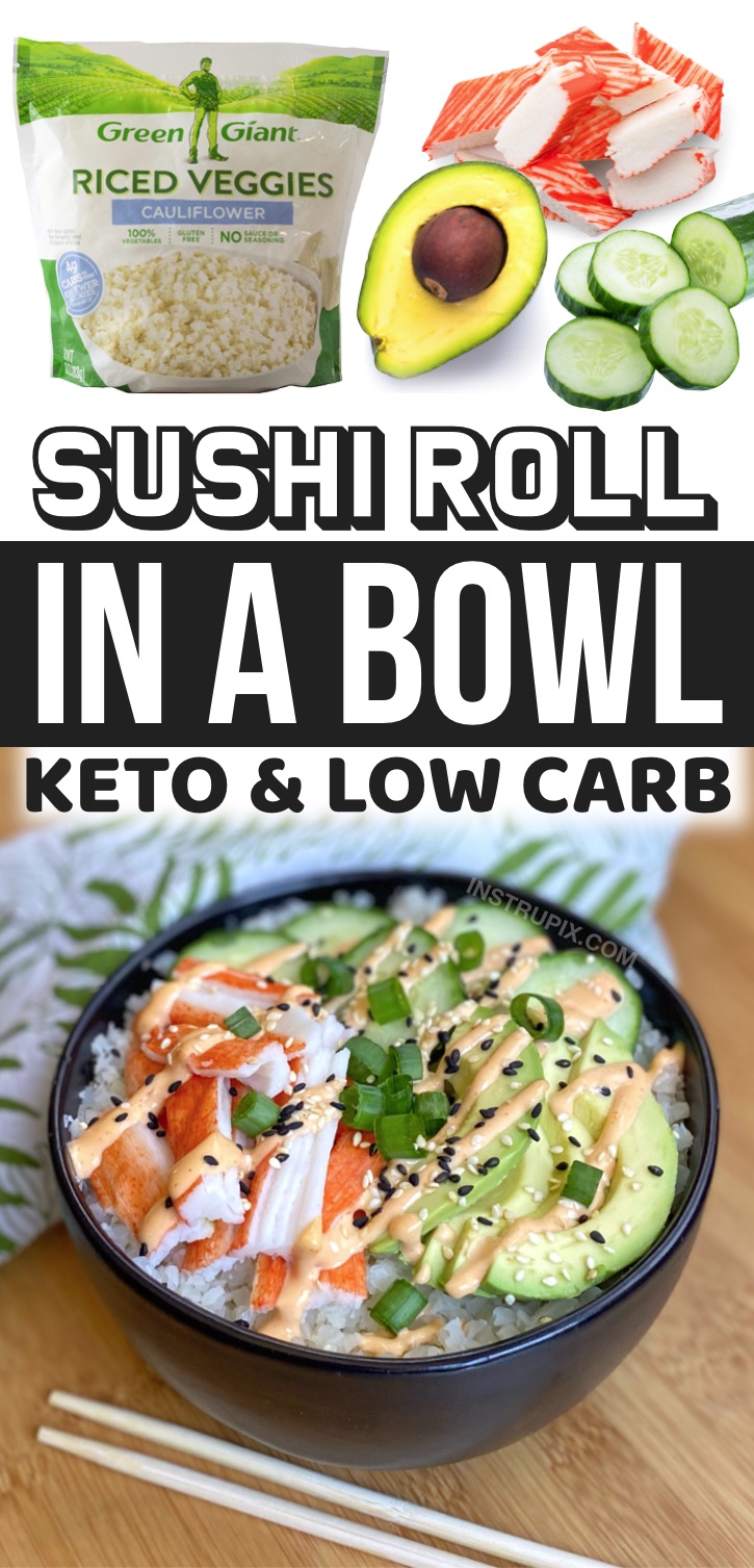 Easy Sushi Bowls Made With Frozen Cauliflower Rice -- Looking for keto meal prep ideas for work? These low carb sushi bowls are super quick and easy to make, and yummy served cold! A great make ahead, no cook and healthy meal for on the go. This low carb lunch or last minute dinner is packed full of fiber and protein. 