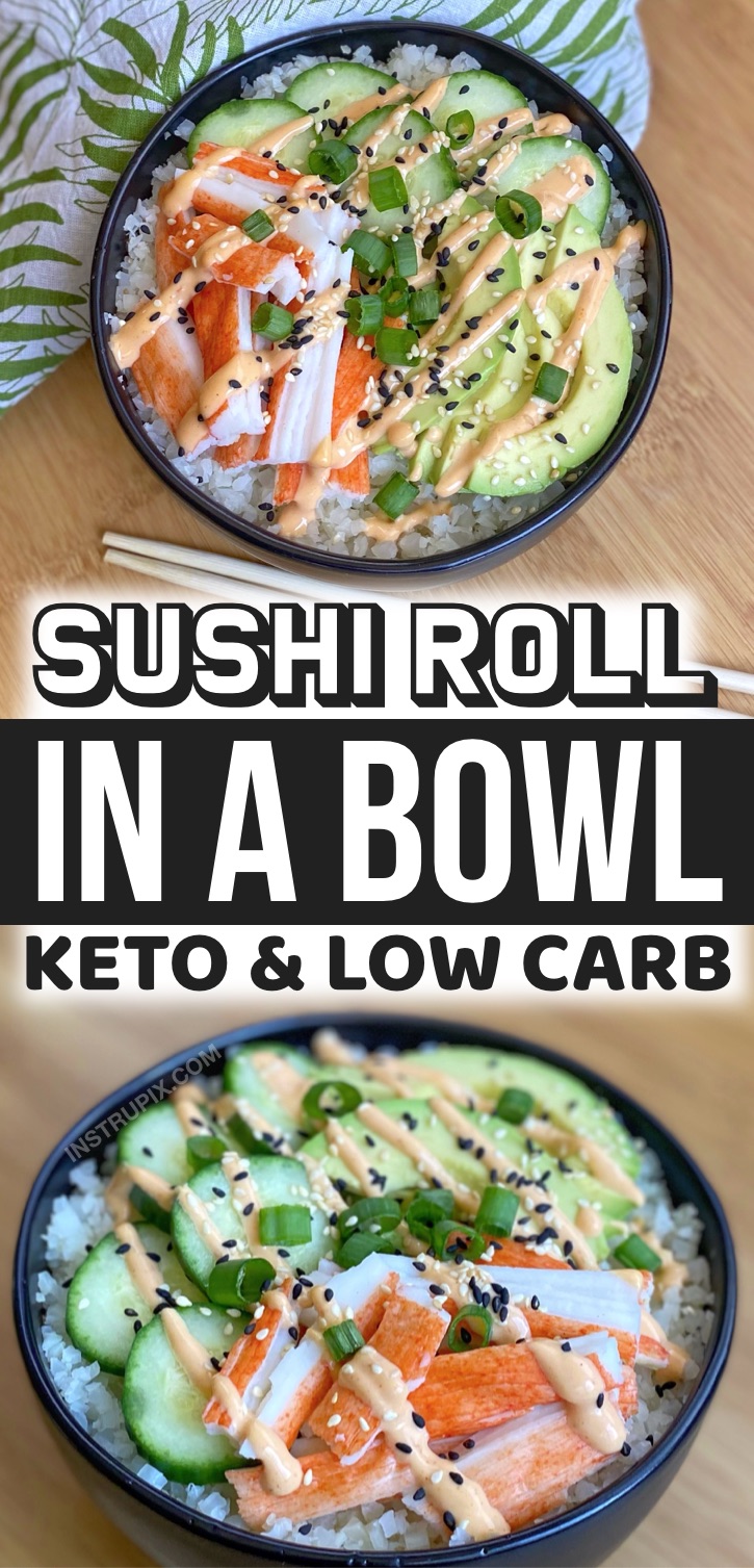 Keto Sushi Bowls Made With Frozen Cauliflower Rice -- Looking for healthy keto make ahead lunch ideas for lunch at work? These simple sushi bowls are easy to make for meal prep, and so good served cold! A great make ahead no cook lunch idea for on the go. A great keto recipe for beginners!