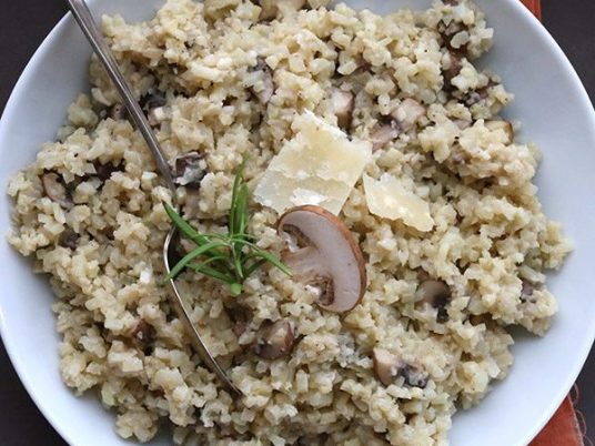 Easy Mushroom Risotto made with frozen cauliflower rice! A simple low carb side dish for dinner.