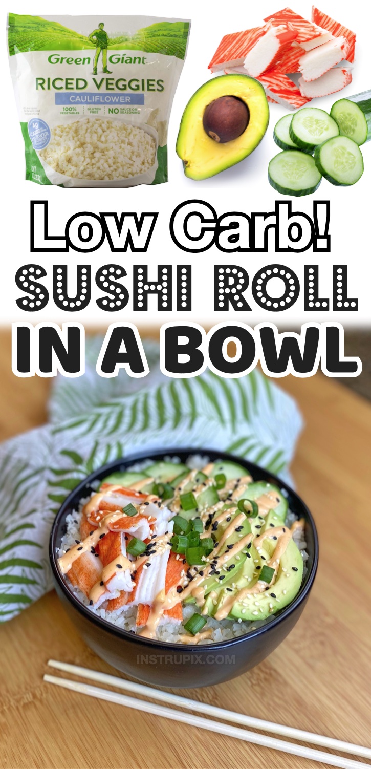 Low Carb Sushi Bowls | There’s no baking or cooking required for this easy keto lunch or dinner recipe thanks to frozen cauliflower rice! Simply toss in your favorite sushi ingredients like crab meat, avocado, cucumber and sesame seeds. Drizzle the top with a mixture of mayo and sriracha sauce for the best cold make ahead low carb lunch! These sushi bowls are perfect for meal prepping, and they make the perfect serving for two. Double the recipe so you have lunch for the entire week at work. Quick and easy to make!