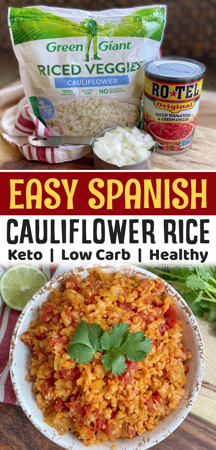 Low Carb & Healthy Side Dish Recipes | This spanish cauliflower rice is so easy to make thanks to the store-bought frozen rice! You just toss everything together in a single pan to make this Mexican inspired keto-friendly cauliflower rice. It pairs well with low carb burritos, salad bowls, tacos, enchiladas and more. Easy to make with a can of Rotel! You can't even tell it's made with veggies. It tastes better than rice to me, plus it's low carb, vegetarian, keto and cheap to make. 