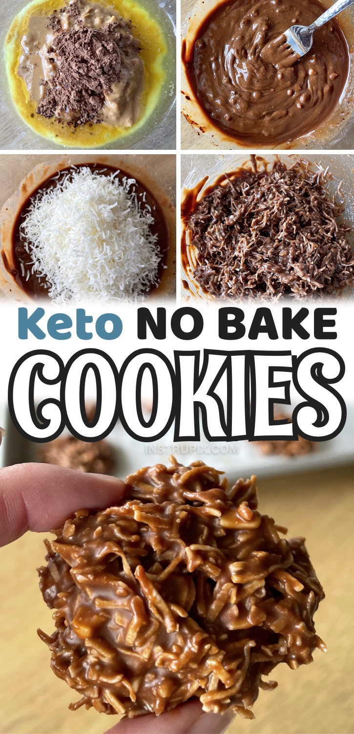 No Bake Keto Cookies | A quick & easy low carb dessert recipe made with shredded coconut, peanut butter & cocoa powder! Super simple to make and very satisfying if you're on a keto diet. These cookies are chewy and crunchy at the same time, making them my favorite keto dessert recipe. Way better than any store-bought treat! You don't get that funky after taste from the sweetener thanks to Stevia drops. Keep them in your fridge for a refreshing and sweet treat with no guilt! 