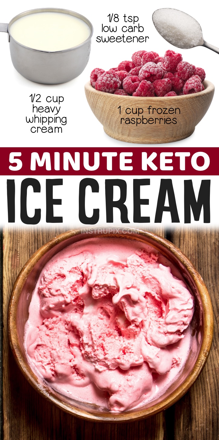 Keto Raspberry Frosty Ice Cream Dessert | Takes just a few minutes to make this easy low carb dessert with just 3 ingredients! A great no churn, no hassle keto ice cream recipe made with frozen fruit and heavy whipping cream. If you're looking for quick and easy keto dessert ideas, here is a large list of some of the best recipes on Pinterest. This ice cream is nut free, diabetic friendly, no bake and has no egg!