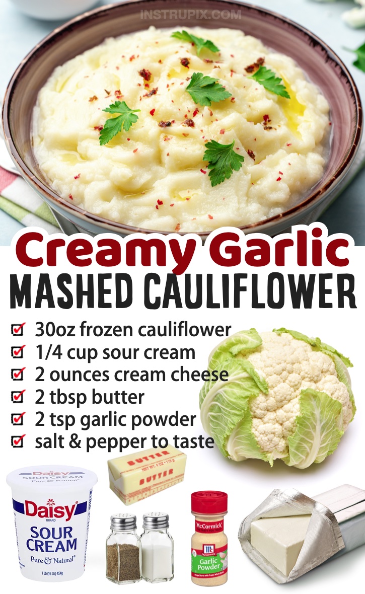 Keto Mashed Cauliflower | This low carb side dish complements just about any meal! I make this healthy and fiber loaded recipe to pair with chicken, steak, and seafood. It lasts for a long time in the fridge so it's great for meal prepping if you're on a keto or low carb diet! So healthy and delicious. My family doesn't even know it's basically just creamed vegetables. It's perfect for busy weeknight meals! You can make a large batch for the entire week. So yummy with rotisserie chicken on lazy dinner nights. 