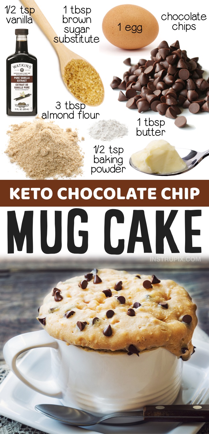 Keto Chocolate Chip Mug Cake | Looking for keto mug cake recipes to make in your microwave? This chocolate chip mug cake is so quick and easy to make! A great last minute dessert recipe for one. Make it with almond flour, butter, egg, low carb sweetener and sugar free chocolate chips. Diabetic friendly sweets and treats!