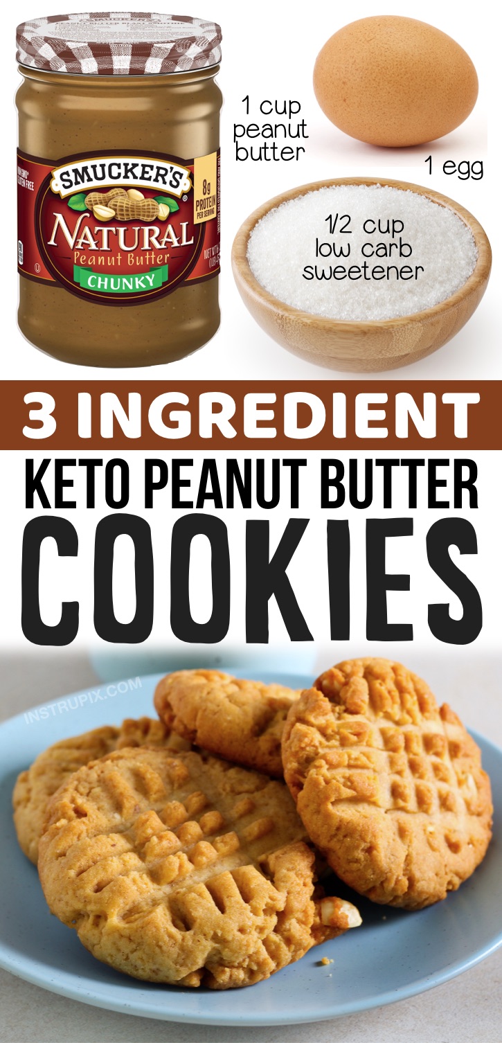 Keto Peanut Butter Cookies made with no flour! Just 3 ingredients: peanut butter, a low carb sweetener (swerve, stevia, monk fruit) and an egg. A great last minute keto dessert idea! If you're looking for quick and easy keto dessert ideas, these cookies are a must-have recipe. You probably already have the ingredients at home.