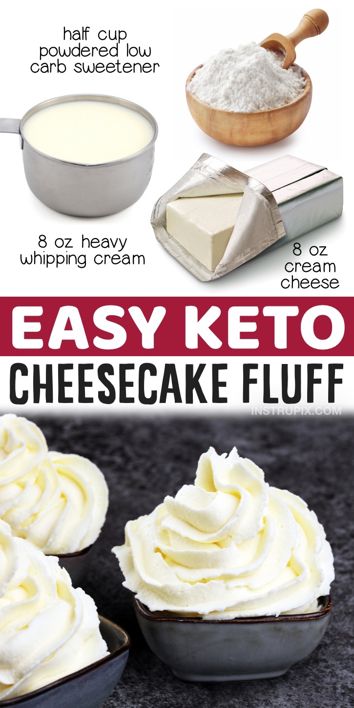 Keto Cheesecake Fluff | The best low carb mousse! A great last minute, no bake keto dessert recipe to make at home with just 3 ingredients: cream cheese, heavy whipping cream and a low carb sweetener like Swerve. No eggs, no nuts and no hassle. So rich, fluffy and yummy!