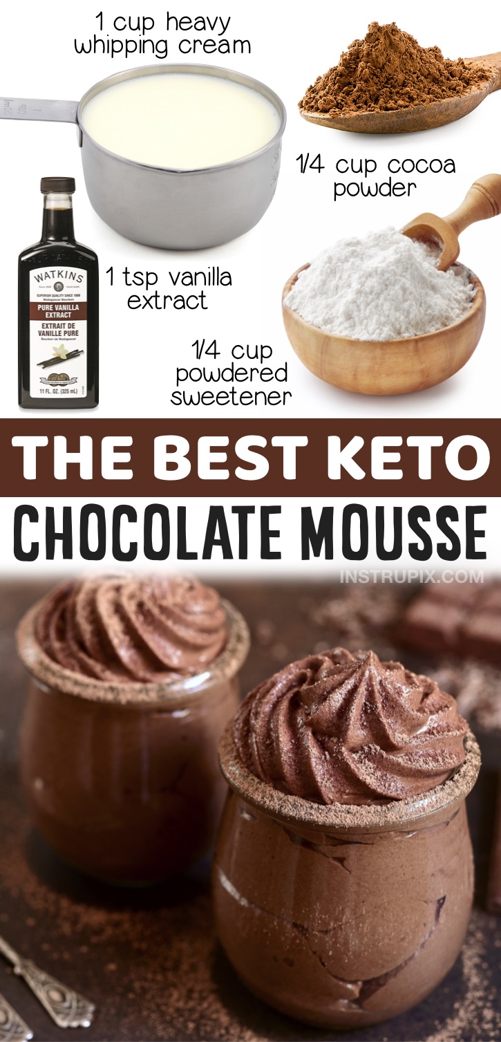 Keto Chocolate Mousse - The easiest low carb dessert you'll ever make! This sweet treat only requires a handful of ingredients: heavy whipping cream, cocoa powder, vanilla extract and the low carb powdered sweetener of your choice. You can whip this stuff up in less than 5 minutes. A great last minute dessert idea for your sugar cravings!