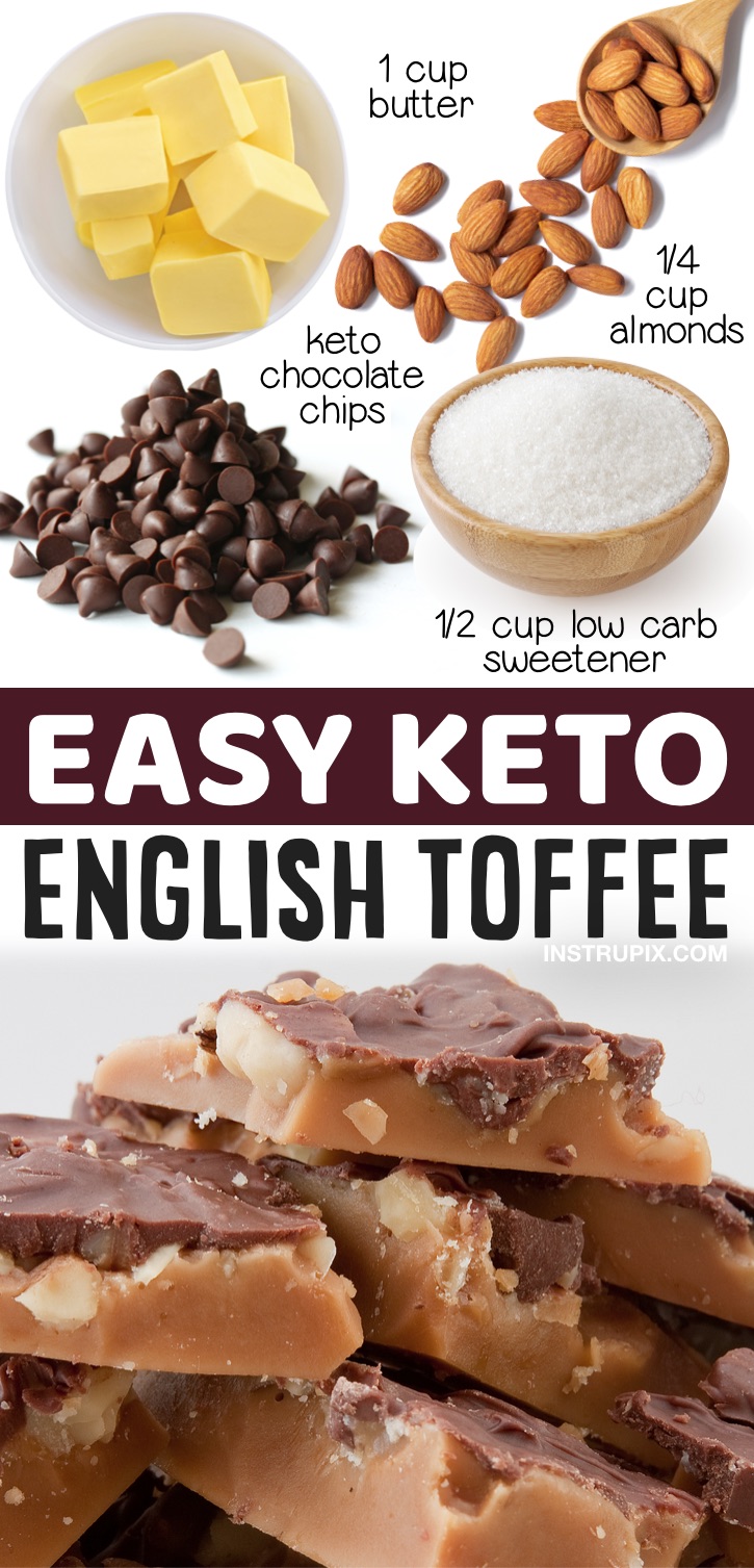 Easy Keto English Toffee Recipe (A.K.A. Crack) - This stuff is addicting. Seriously, the best keto dessert, ever. And it's made with just 4 ingredients: sugar free chocolate chips, butter, almonds and the sweetener of your choice. A great low carb dessert for holidays and parties to share with friends and family. Everyone will love it! If you're looking for diabetic friendly desserts, you've got to try this delicious toffee.
