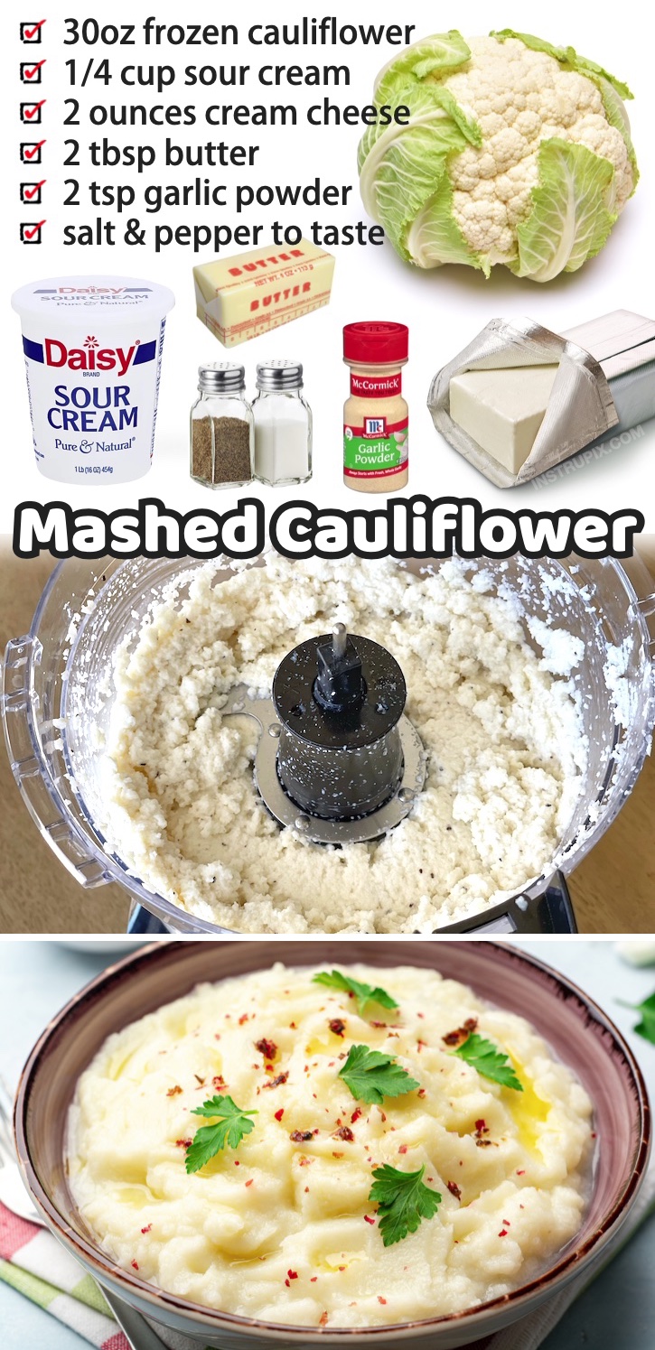 Keto Creamy Garlic Mashed Cauliflower | My favorite low carb side dish! This keto friendly mashed cauliflower pairs really well with just about any meat including pot roast, chicken, steak, seafood, and more! Make a large batch and then have dinner ready all week long. I actually like it better than mashed potatoes! I suppose you mix anything with cream cheese, butter, and sour cream and you've got something savory and delicious to eat. Even my kids like it. I mix it in with their food and they have no idea they are eating healthy. 