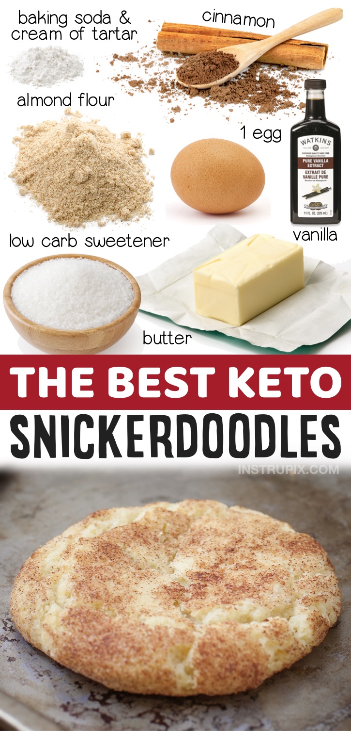 Keto Snickerdoodle Cookies made with almond flour! Looking for quick and easy keto dessert recipes? These low carb cinnamon cookies are THE BEST, and they are made with just a few common ingredients that you probably already have at home. Yummy low carb treats are hard to find, but these cookies are so soft and delicious.