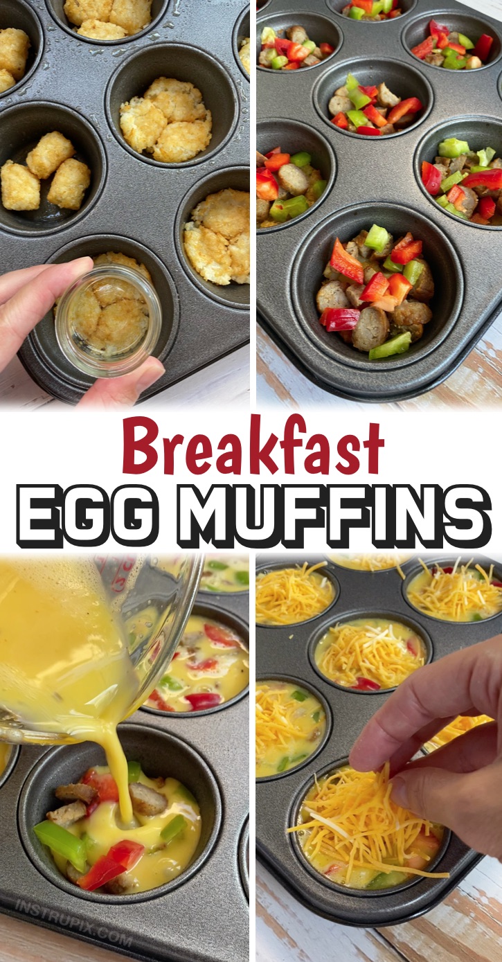 Baked egg muffins with a tater tot crust stuffed with the meat and veggies of your choice! These egg muffins are unique in that they have an easy-to-make potato crust thanks to frozen tater tots. You simply smash them into a muffin pan and bake them for about 10 minutes. Then scramble up some eggs and your favorite omelet ingredients and pour it over top. Finish them off with some shredded cheese, bake, and you’re done! These are great for feeding a large family, and are super quick to make.