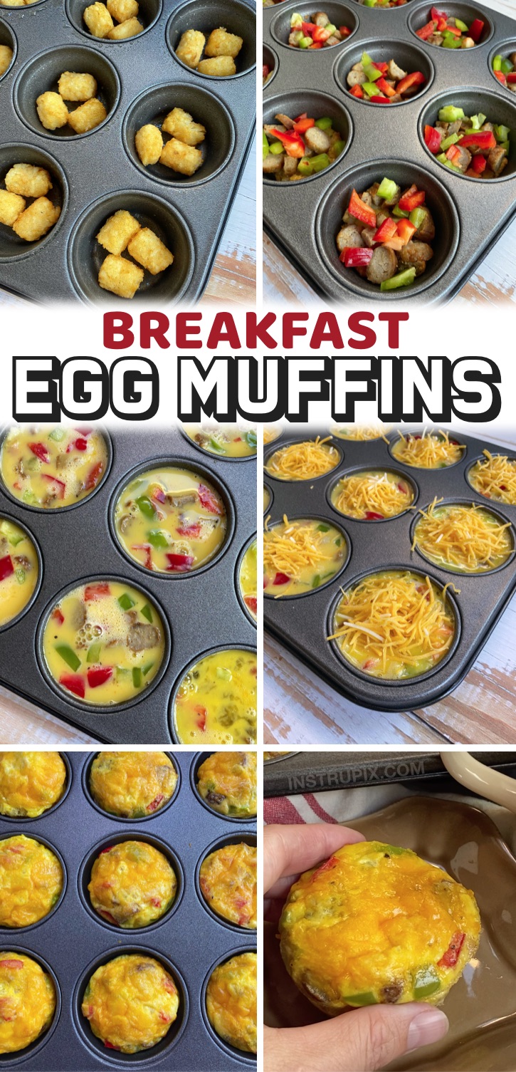 Egg muffins made with tater tots, meat and veggies! I used sausage and bell peppers this time, but you could also make them with bacon, ham, tomatoes, mushrooms, onions, etc. This is basically a hearty breakfast made into finger food! My entire family loves them, including the picky kids and teenagers. If you're looking for fun and delicious breakfast ideas, give these egg muffins a try. Great for holiday gatherings and brunches with your famiy. 