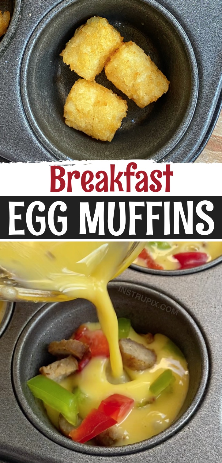 Egg muffins with a tater tot crust stuffed with the meat and veggies of your choice! I used sausage and bell peppers this time. If you’re looking for breakfast ideas to feed a large family on busy mornings, these mini omelets are so fun and simple to make! You can customize them to your liking with any breakfast meat such as sausage, ham or bacon. I also like to squeeze in as many veggies as possible to make them at least somewhat healthy. A family favorite, and these are so easy to make! 