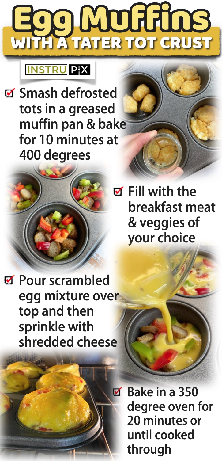 Mini Breakfast Omelets | Quick and easy egg muffins with a tater tot crust stuffed with the meat and veggies of your choice. Mini muffin pan omelets made into finger food. These are perfect for feeding a crowd or large family. You can customize each egg muffin to suit your family's dietary needs. Use any meat or veggies that you'd like such as sausage, bacon, ham, spinach, peppers, onions, etc. Top with cheese and bake for the best savory breakfast, ever. This morning feast is sure to impress your picky family!